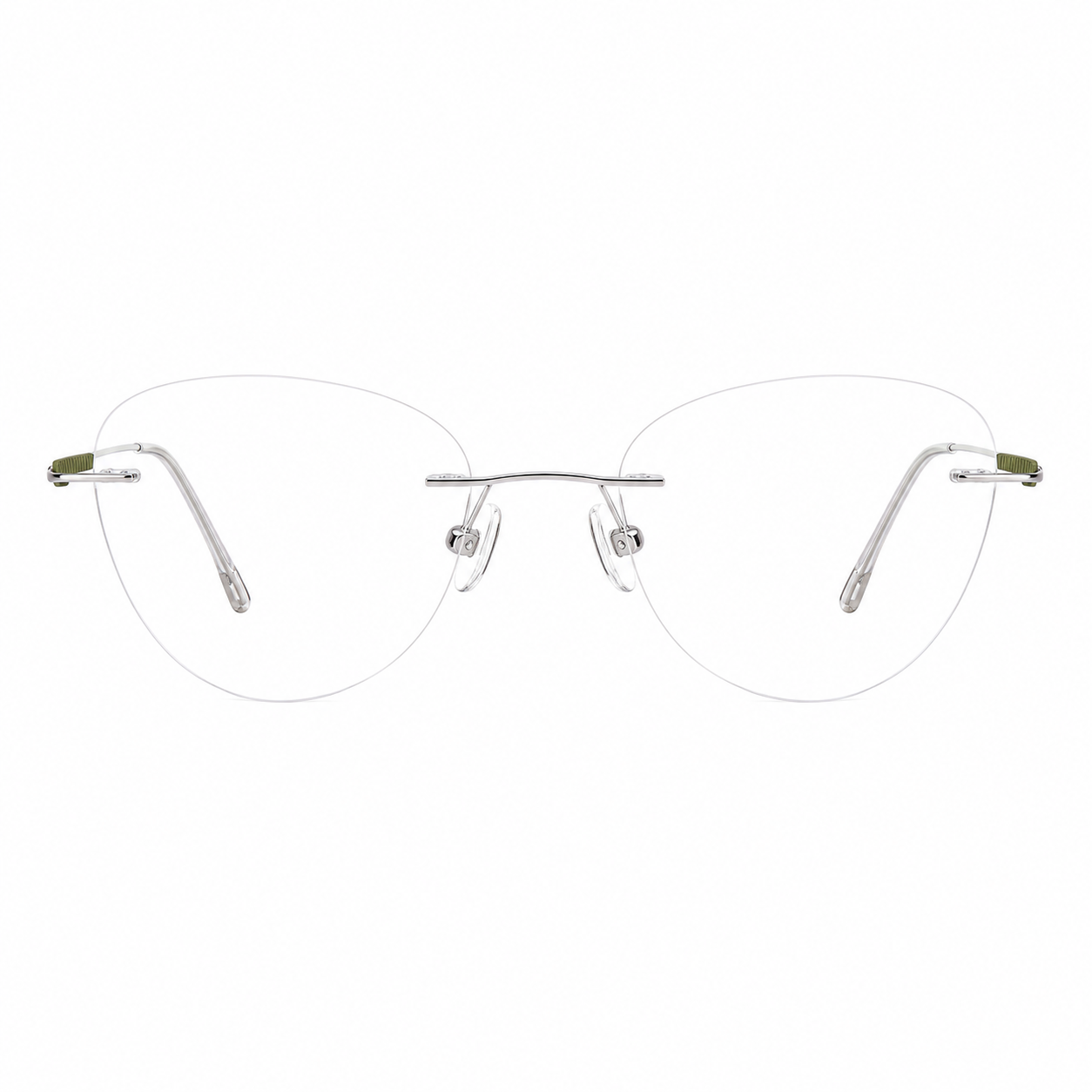 Silver and green women's titanium rimless cat-eye glasses, front product view