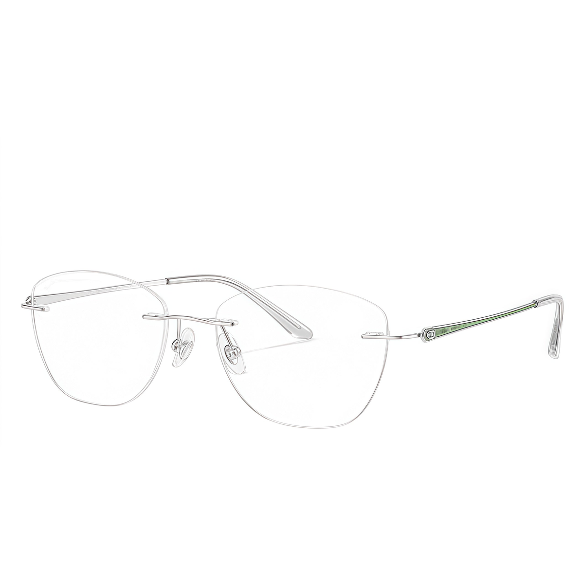Silver and Green women's titanium rimless geometric glasses, 45-degree product view