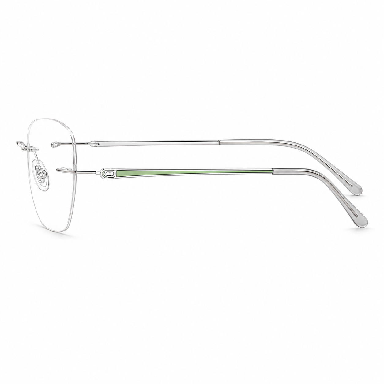 Silver and Green women's titanium rimless geometric glasses, side and temple product view