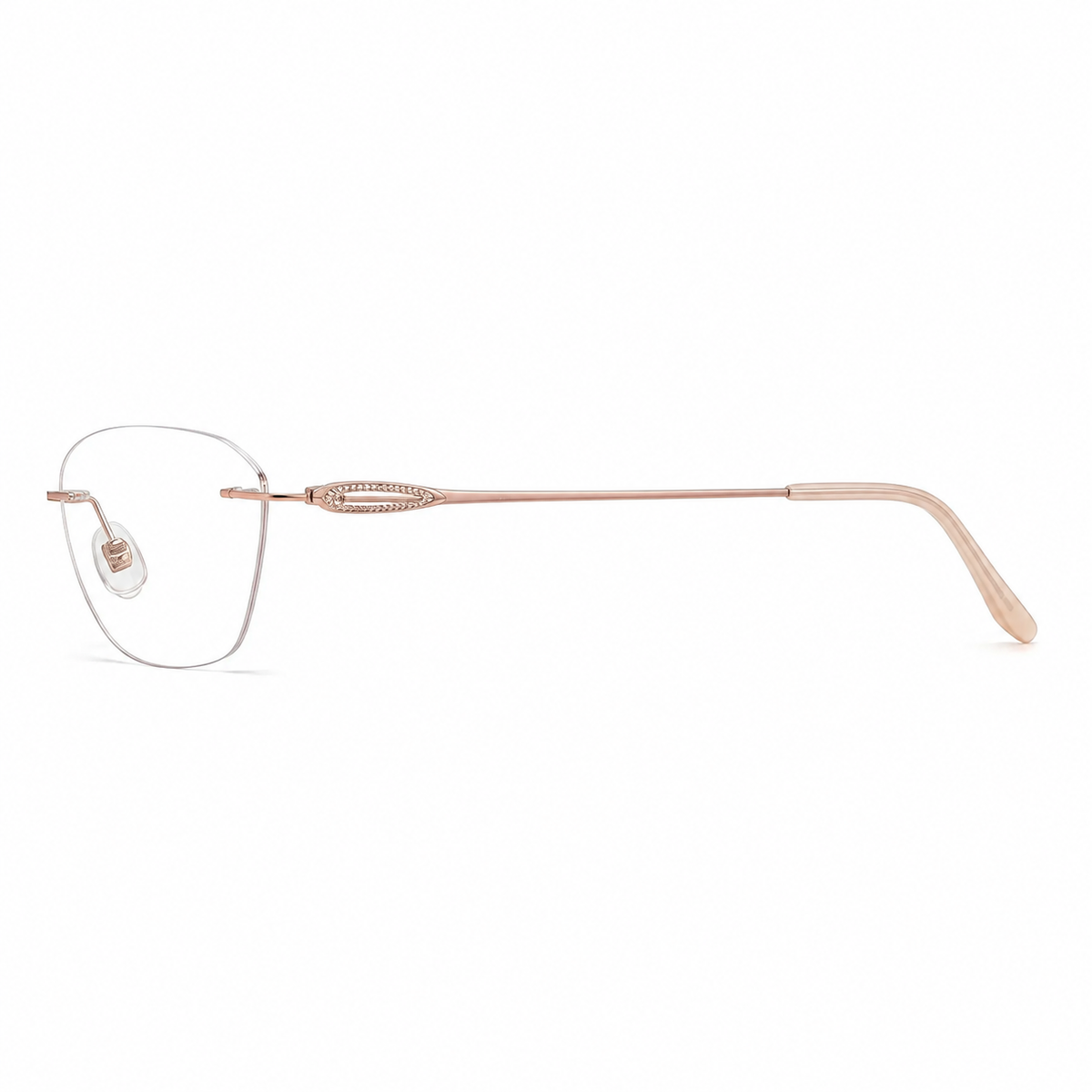 Rose Gold women's titanium rimless leaf-filigree glasses, side product view