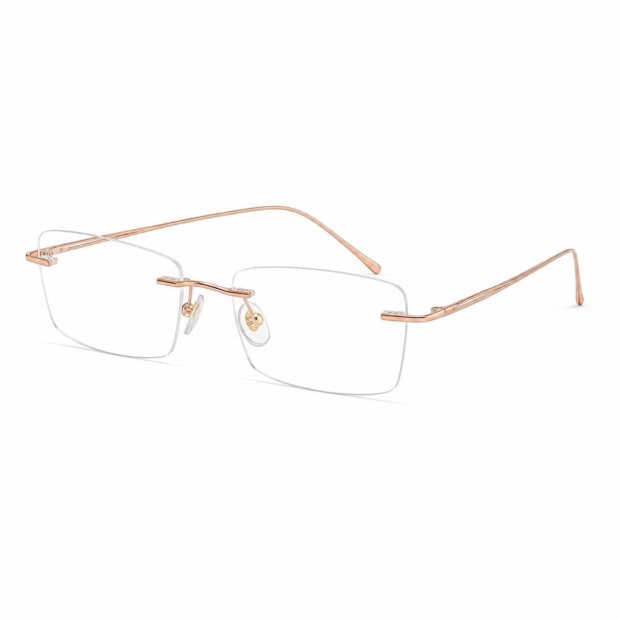 Rose Gold women's titanium rimless rectangular glasses, 45-degree product view