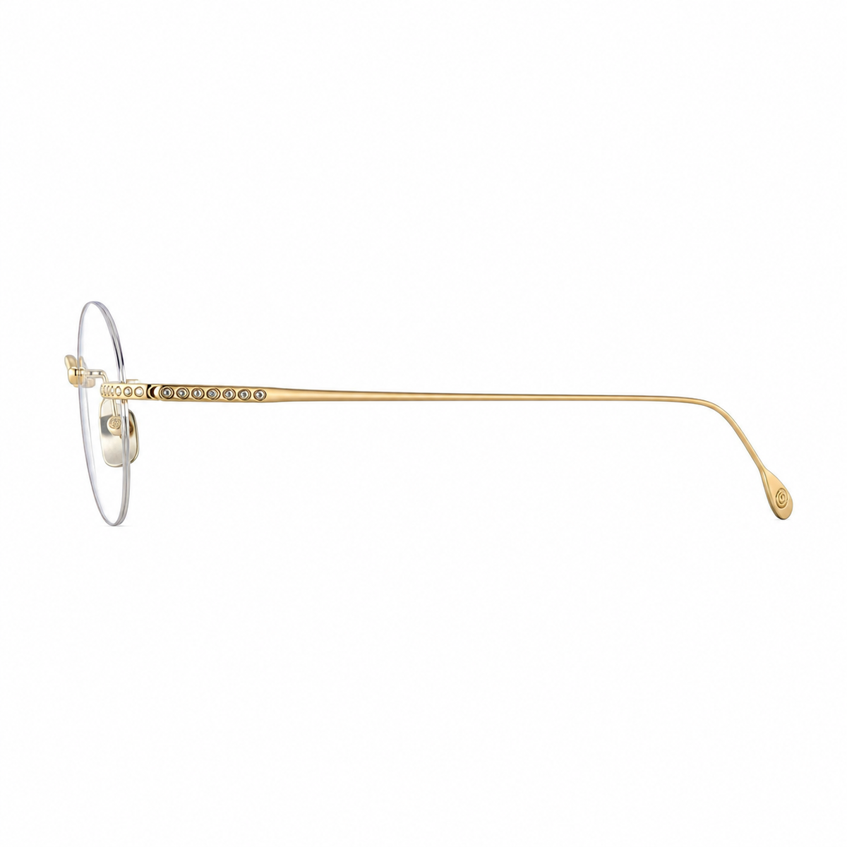 Gold women's titanium rimless round glasses, side and temple product view