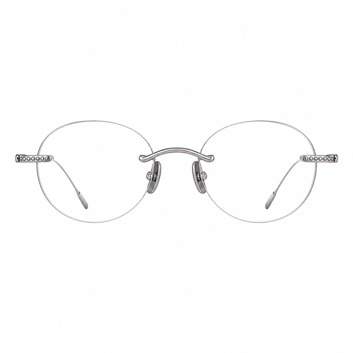 Silver women's titanium rimless round glasses, front product view