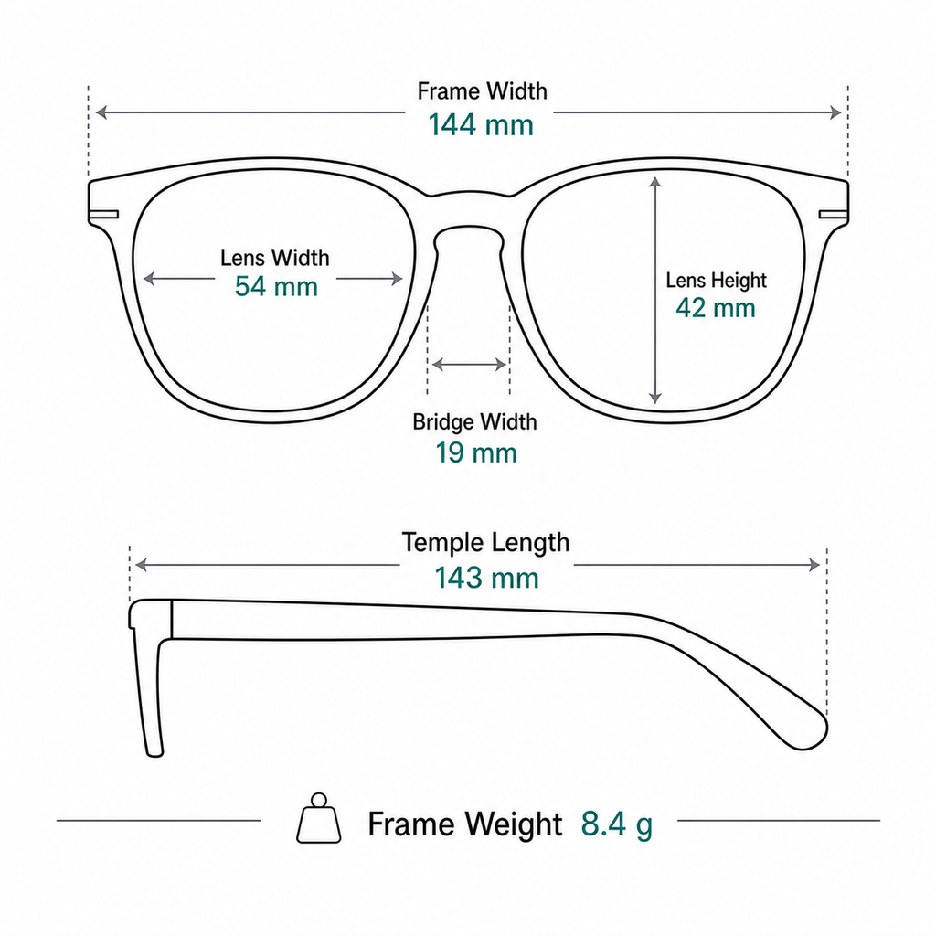 Women's titanium semi-rimless frame measurement guide: 144 mm frame, 54 mm lens and 8.4 g weight