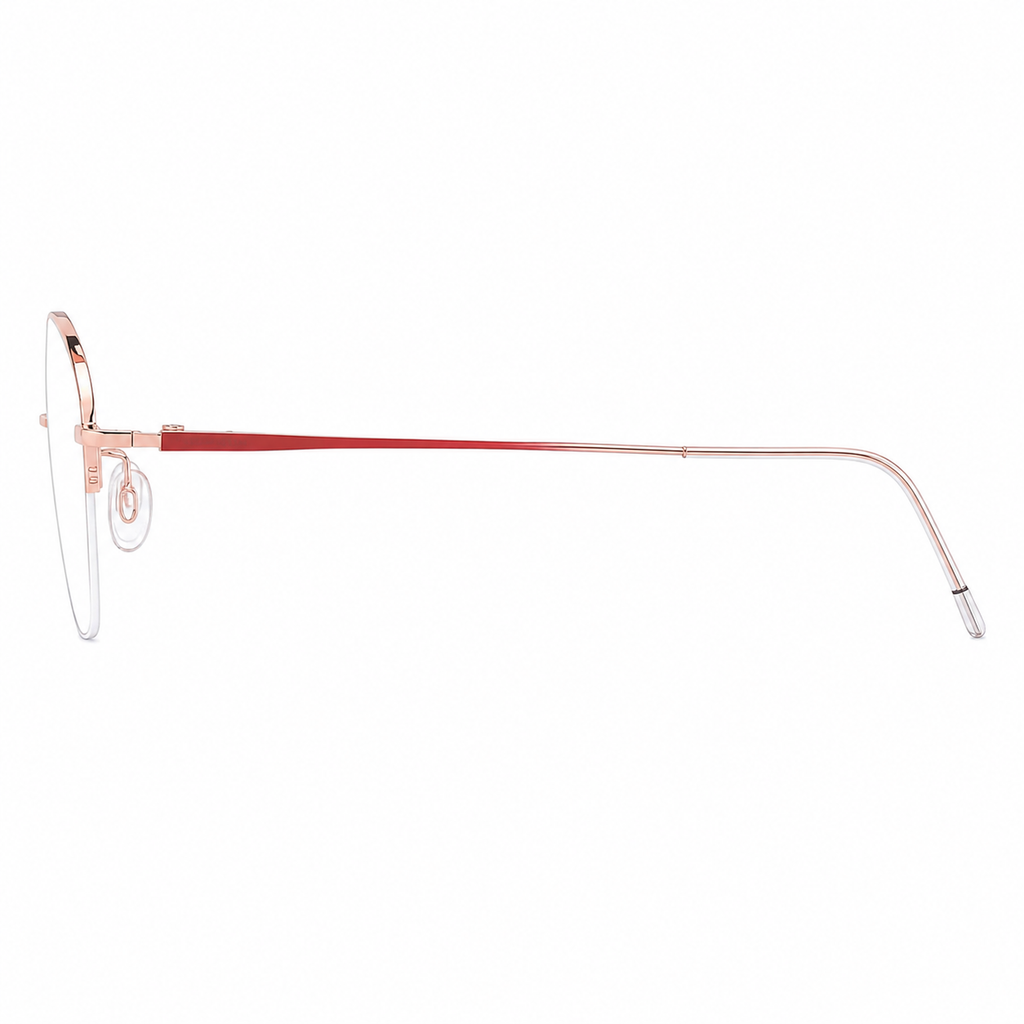 Rose Gold/Red Gradient women's titanium semi-rimless glasses, side and temple product view