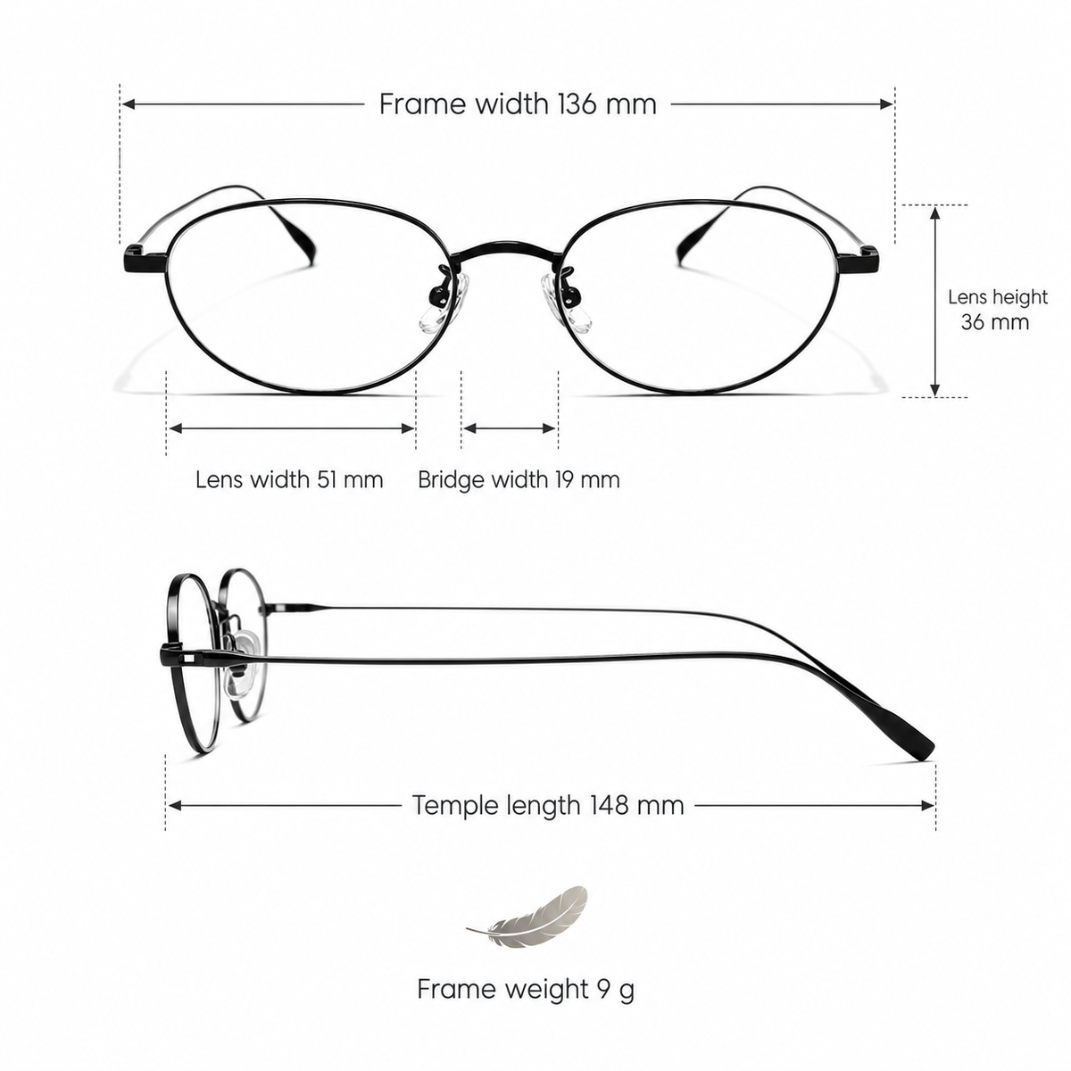 Women's titanium frame measurement guide: 136 mm frame, 51 mm lens and 9 g weight