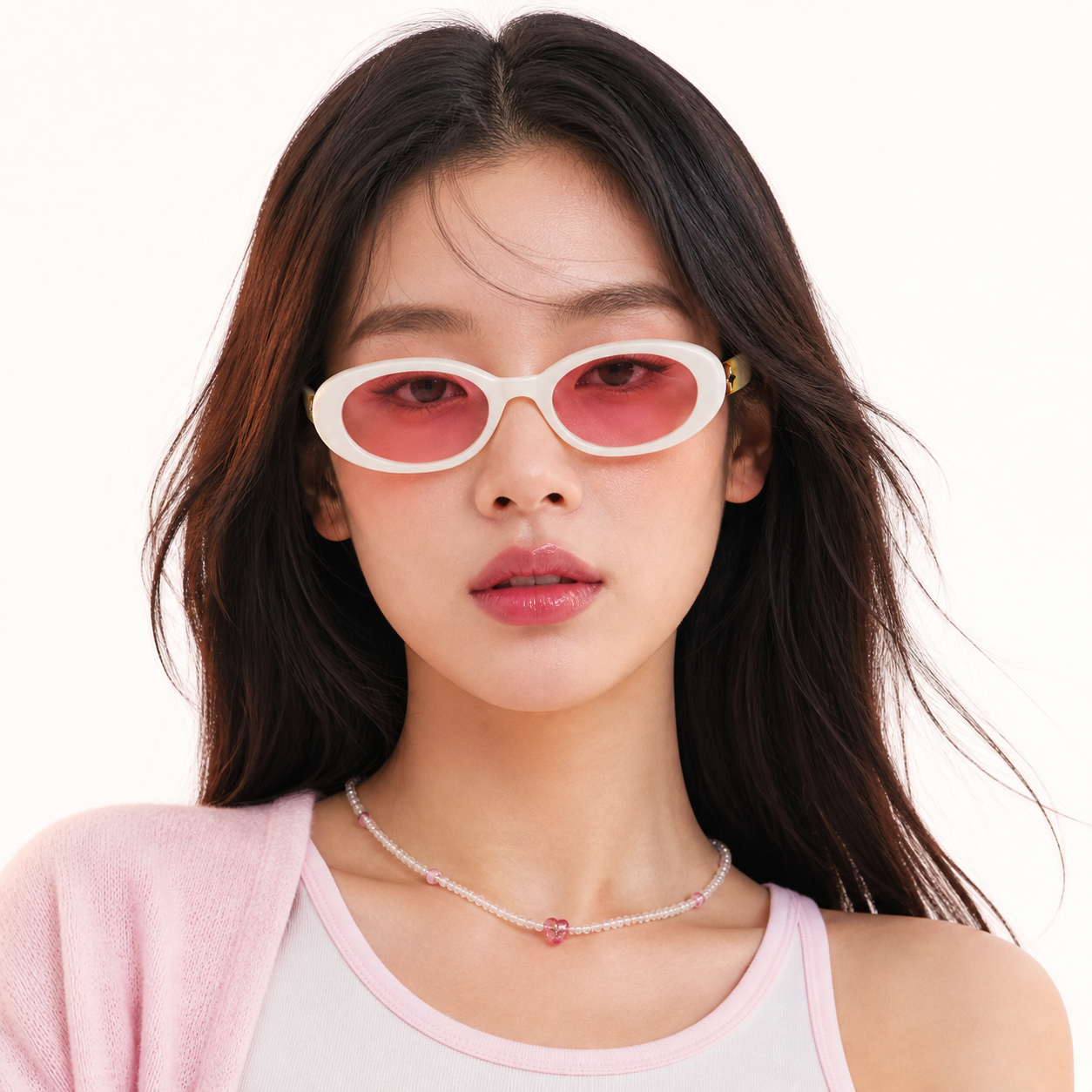 White Women's Oval PC Y2K Sunglasses, front adult model view