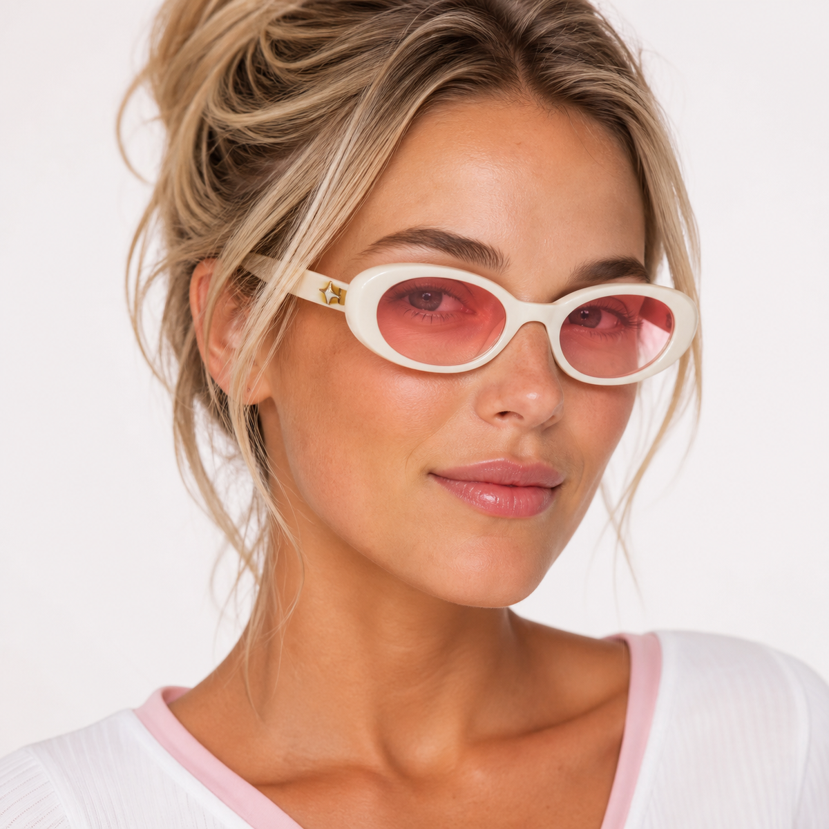 White Women's Oval PC Y2K Sunglasses, angled adult model view